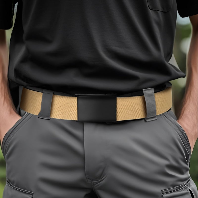 Mile High Life Cut To Fit Canvas Web Belt Size Up to 52" with Flip-Top Solid Black Military Buckle (Khaki) - Image 3